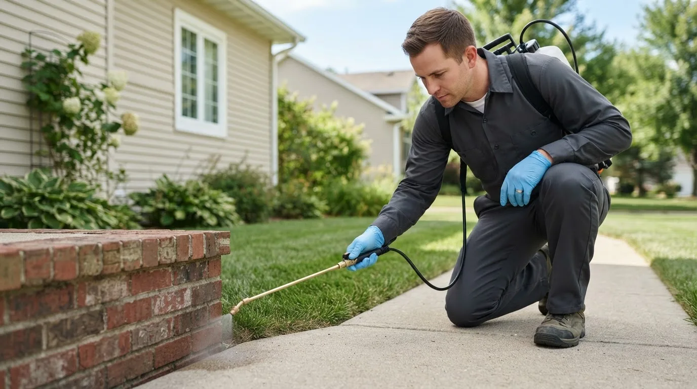 Pest control technician treating a home near Blessing, TX
